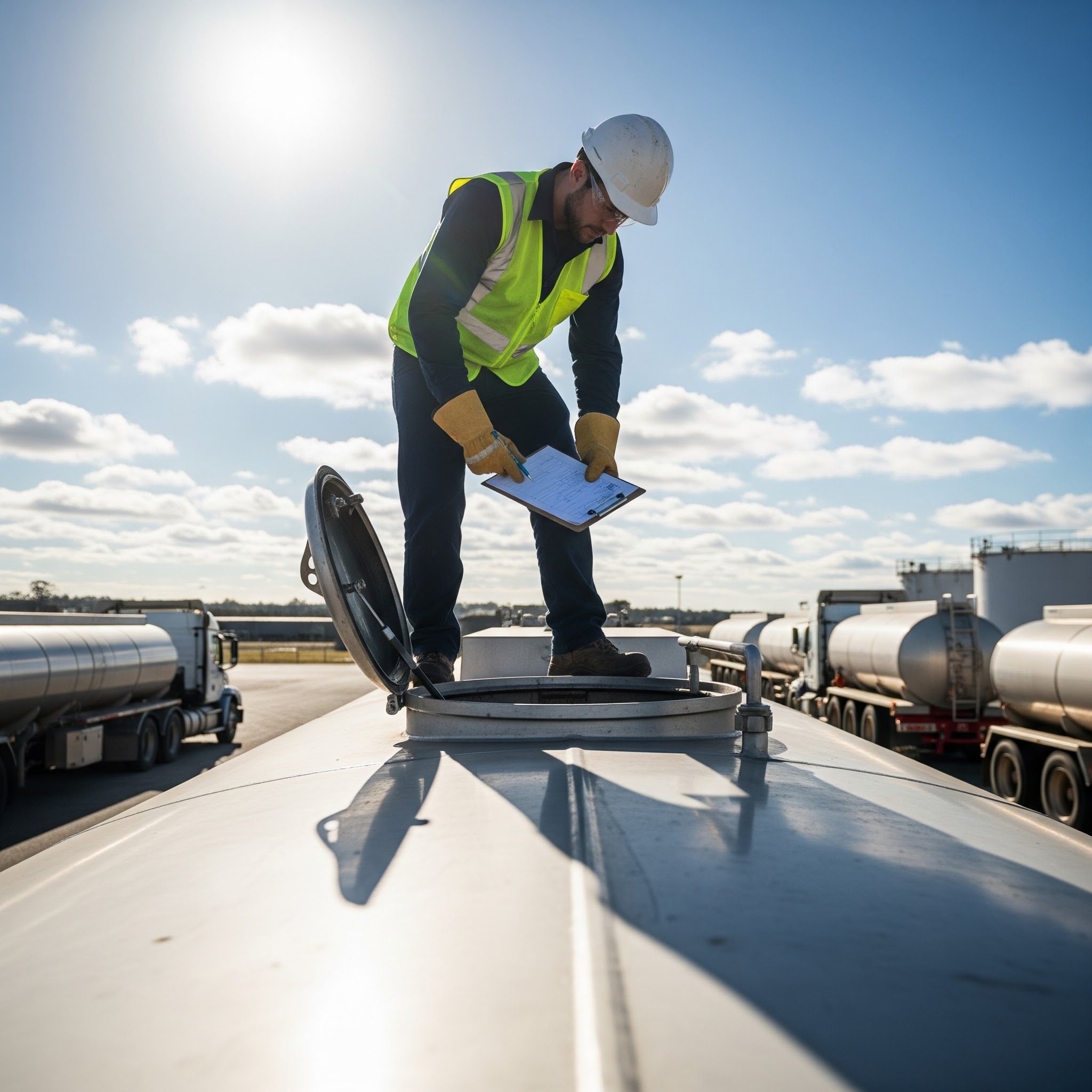 worker with a clipboard looking inside a tanker truck