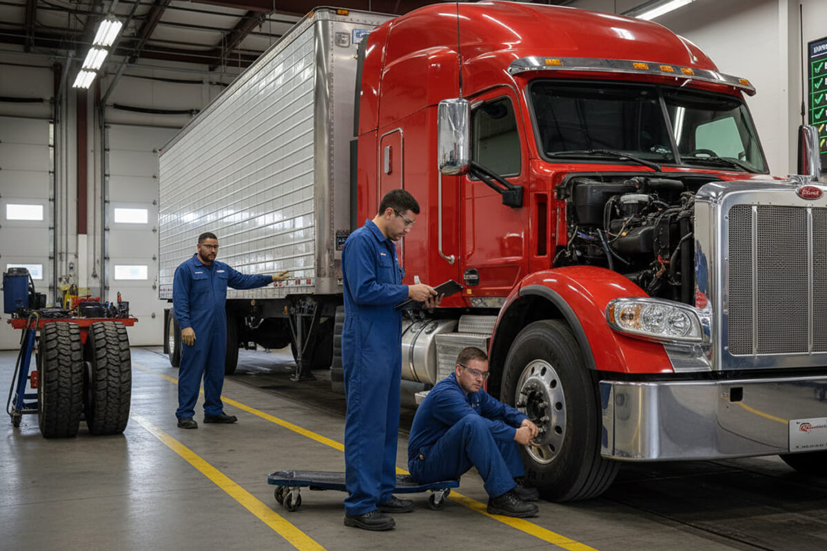 Technicians service a red semi-truck in a maintenance bay, hood open; one checks the front wheel while another reviews a tablet.