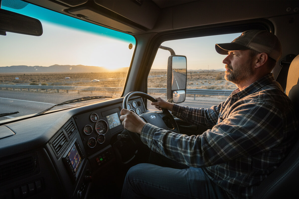 Truck driver steers along a highway at sunset, interior cab view with gauges and side mirror over a desert landscape.