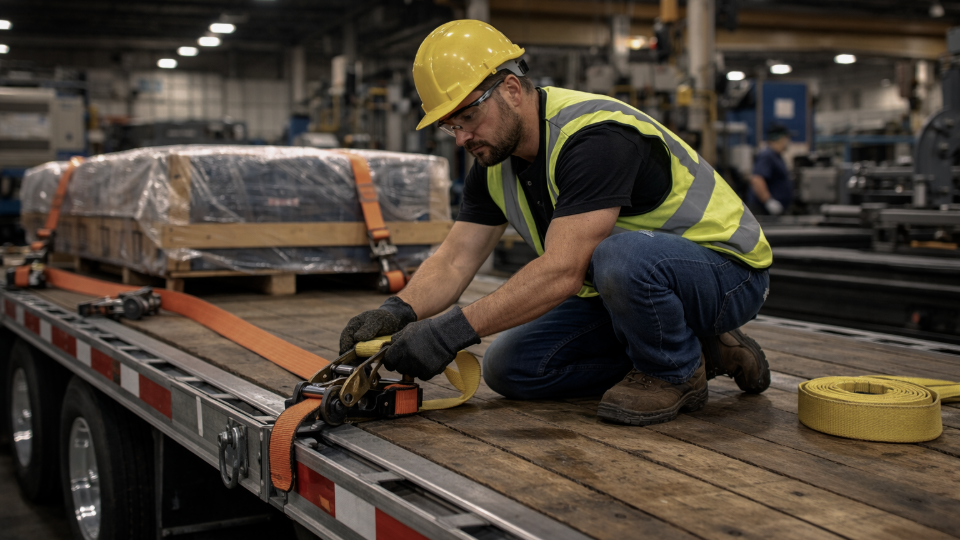 A man working too close to the edge of a flatbed